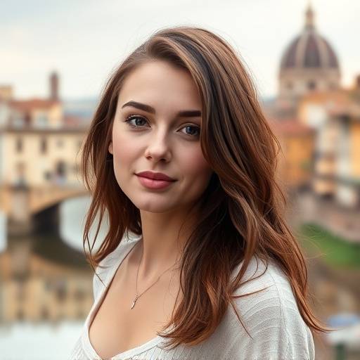 Ritratto di una giovane donna con lo sfondo del Ponte Vecchio a Firenze